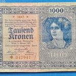 1922 -es ropogós papírú csillagos 1000 Korona bankó Osztrák - Magyar bank RITKÁBB F (L2205) fotó