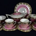 4 SZEMÉLYRE ARANYOZOTT PINK PORCELÁN FAJANSZ TEÁSKÉSZLET SÜTEMÉNYES SZETTEL X fotó