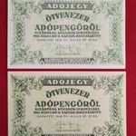 2db Színárnyalatú ötvenezer Adópengő UNC. Fehér papír, vízjel nélkül. "Kovetelés, / jel nélkül." fotó
