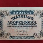 Százmillió adópengő. EF, vágáshibás. Fehér papír vízjel nélkül. Gyönyörű bankjegy. fotó