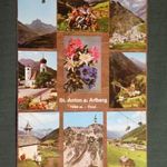 Képeslap, Ausztria, Tirol, Sankt Anton am Arlberg, mozaik, templom, felvono, városi látkép, részlet, 1980- fotó