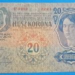 1913 -as 20 Korona vízjeles bankó I. kiadás "felülbélyegzés nélkül !!! VF(L2359) fotó