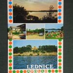 Képeslap, Csehország, Lednice, apollo chrámek, kemping, strand látkép, részlet, 1970- fotó