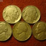 USA nikkel 5 cent 5 féle régi évszám egyben 1936, 37, 40, 41, 46 fotó