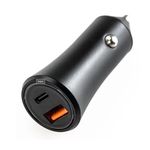 Szivargyújtós USB töltő, 1xUSB-C, 1xUSB, gyorstöltés 5V/3A, max 18W, fekete fotó