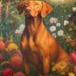Barna vizsla virágok között mintás díszpárna, 45 x 45 cm fotó