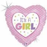 45 cm-es hologramos It's A Girl pink pöttyös szív alakú fólia lufi fotó