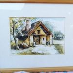 Magányos tanya, keretezett akvarell festmény. Bíró Ernő kortárs festő alkotása fotó