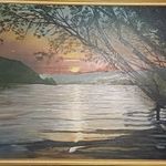 FOLYÓPARTI NAPLEMENTE FESTMÉNY FAROSTLEMEZEN KERETEZVE DRESCHER 1993 JELZÉSSEL fotó