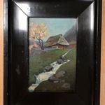 Régi kis olajfestmény fa keretben, Fritz Reiss fotó