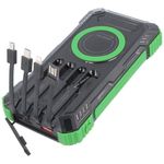 Napelemes Powerbank külső akku 20000mAh, Qi gyorstöltés, LED világítás, négy kábellel, zöld fotó