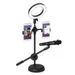 Asztali LED Selfie ring/körfény, 16cm, 2x telefon- + mikrofontartó, fekete fotó