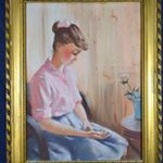 LÁNY KARKÖTŐT IGAZÍT... BÁJOS OLAJ - VÁSZON FESTMÉNY ( KÖMPÖCZI BALOGH ? ) fotó