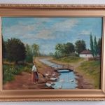 Életkép, Olajfestmény -Faluvégi Libaitatás- Szignózott, Szép Régi Festmény, Keretben fotó