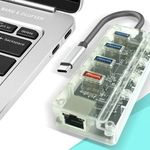USB Hub Elosztó/Töltő, 5 portos, USB-C -> 3xUSB3.0, 1xQC2.0 töltő, 1xRJ-45 fotó