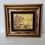 Tájkép olajfestmény díszes aranybarna faragott fakeretben, 44×48 cm fotó