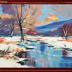 Hó lepte a Mátraalját c. Kortárs olajfestmény - képkerettel - fotó