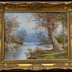 ŐSZI HANGULATBAN ERDEI PATAK LÁTKÉP ... MESESZÉP OLAJ FESTMÉNY IMPOZÁNS KERETBEN ! fotó