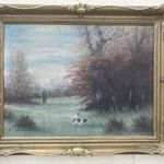 Antik, 1940 k. jelzett, de azonosítatlan olajfestmény blondell keretében - "Vadász és kutyái" fotó