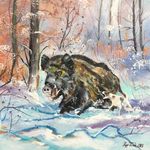 Vadkan a hóban c. Vadászfestmény fotó