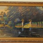 Tájkép - Parkrészlet Hattyúval c.- Szép Szignózott Felülfestett Olajfestmény, Keretben fotó