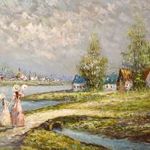 LÁNYOK A FOLYÓ PARTJÁN ...IMPRESSZIONISTA STÍLUSBAN MEGFESTETT LÁTVÁNYOS OLAJ FESTMÉNY X fotó