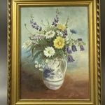 Szathmáry Piroska (1945-) festőművész, keretezett olajfestménye -"Virágcsendélet bokállyal" fotó