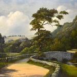 TÁJ KŐHÍDDAL , HÁTTÉRBEN FALU RÉSZLETTEL , IMPOZÁNS KERETBEN OLAJ FESTMÉNY X fotó