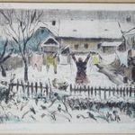 Téli ruhaszárítás színezett rézkarc, olvashatatlan jelzéssel, 44 x 34 cm , 22, 5 x 17 cm fotó