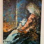 MODERN MÉRETES OLAJFestmény, FESTMÉNY, ABSZTRAKT ALKOTÁ, FIATAL NŐ GYERMEKÉVEL, CERTIFIKÁT ELSZAKADT fotó