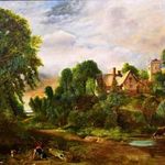 KASTÉLY LÁTKÉP ALAKOKKAL TEHÉNNEL ... XIX. SZ. ROMANTIKUS FESTÉSZETET IDÉZŐ OLAJ FESTMÉNY IMPOZÁNS K fotó