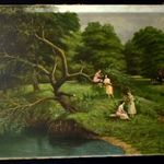 LÁNYOK A PARKBAN PATAK MELLETT ... 1914 ES DATÁLÁSSAL JELZETT HATALMAS ANTIK FESTMÉNY ! fotó