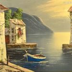 TENGERPARTI LÁTKÉP CSÓNAKKAL ... OLAJ - VÁSZON FESTMÉNY X fotó