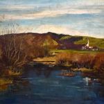 1920 KÖRÜL ANTIK OLAJ - VÁSZON FESTMÉNY : ŐSZI TÓPARTI TÁJ TÁVOLBAN FALU LÁTKÉPPEL ! fotó