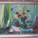 Göldner Tibor /1929-2023/virágos asztal olajfestmény , farost, jelzett 50x 70 cm. fotó