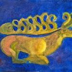 XX. sz. Magyar festő Vajda Lajos: Modern fantáziaállat festményTempera papír. fotó