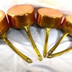 5 RÉSZES JELZETT VÖRÖSRÉZ EDÉNY KÉSZLET SZEGECSELT SÁRGARÉZ NYELEKKEL ! fotó