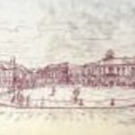 Baja Szentháromság tér panoráma kép, grafika Miklós Horváth István, 80 x 15 cm./sokszrosított grafika/ fotó
